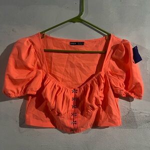 SHEIN Puff Sleeve Crop Blouse in Pink and Orange